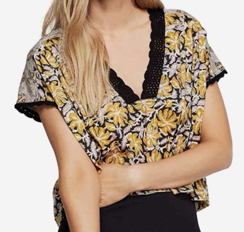 Free People Women's S Boho Floral Print Crochet Trim Boxy Crop Top Mustard